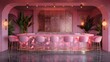 Plush pink bar stools and warm ambient lighting set the stage