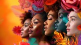 Fototapeta  - Grupa kobiet różnych ras i wieku stoi obok siebie na tle minimalistycznego krajobrazu. Wiosna, naturalne światło oświetla ich twarze, tworząc scenę pełną różnorodności.