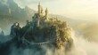 Fairy Tale Castle on a misty cliff sunrise illuminating spires