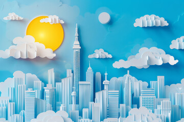 Big papercut city landscape illustration with modern architecture skyscraper tower and urban buildings. 