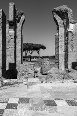 Wall Mural - Black and white photo of ruins of medieval castle gate in Ancient Ostia