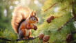 a squirrel is sitting on a branch eating a pine cone in a pine tree, with the sun shining through the branches
