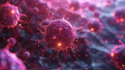 A modern polygonal image of cancer cells. Oncology low poly wireframe. Containing points, lines, and shapes in the form of stars with destructive shapes.