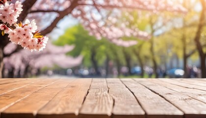 Wooden table top with blur background of Pink Cherry blossom flowers. Generative AI