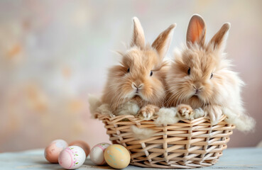 Two cute and very fluffy little Easter bunnies in beige color, calmly posing sitting in a basket next to Easter eggs. Easter egg hunt. Happy Easter day concept. Postcard,space for text.