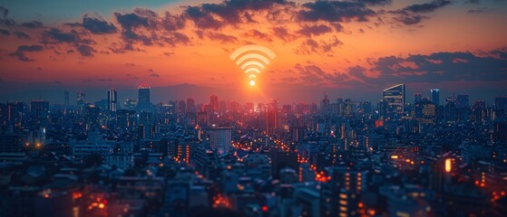 Fototapete - ICT concept of a cityscape with Wi-Fi connectivity