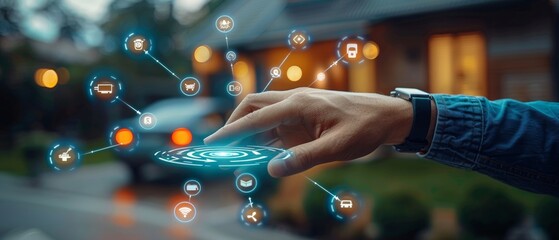Fototapete - Digital home concept with Internet of Things (IoT) symbol and icons. Intelligent house, car, camera, watch, washing machine.