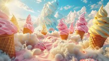 A fantasy 3D ice cream world, with flavors swirling into cones for a frozen treat brand