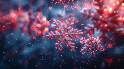 Poster - Happy New Year greeting card with hanging snowflakes. Abstract geometric background Wireframe light structure Modern 3D graphic concept. Modern illustration.