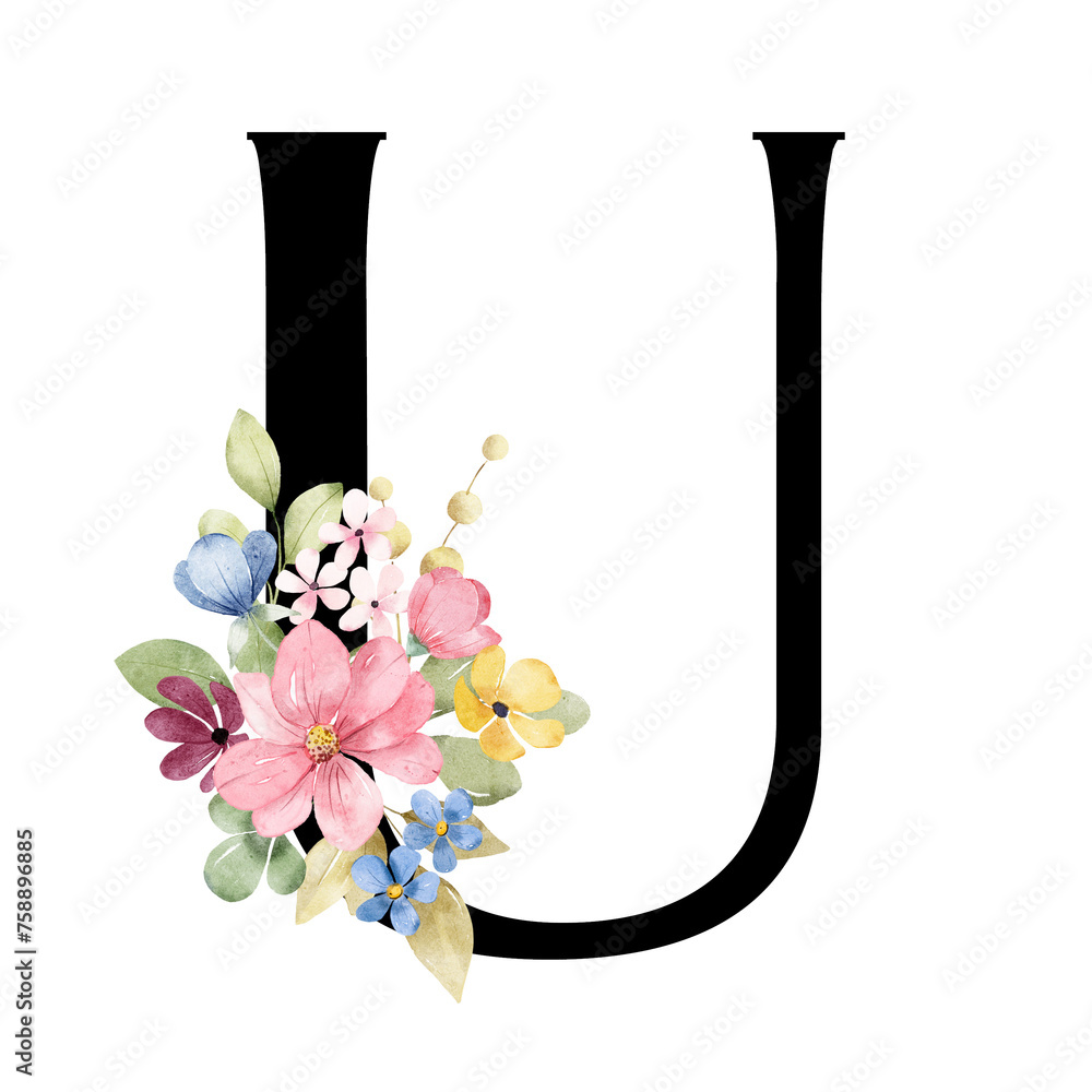 Letter U with watercolor flowers and leaf. Monogram initial, letterhead ...