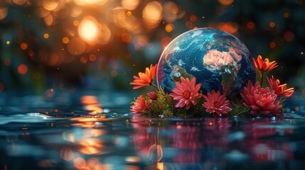 Aufkleber - The abstract planet earth is seen on the water with flowers. Spa concept. Low poly style design. Blue geometric background. Wireframe light connection structure. Modern 3d graphic. Isolated modern