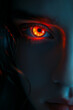 YA fantasy mysterious glowing red eye. Dark skin background contrasting with the bright glowing eye close-up. Gothic fantasy glowing eye. Mystery concept. Macro photography of a woman eye.