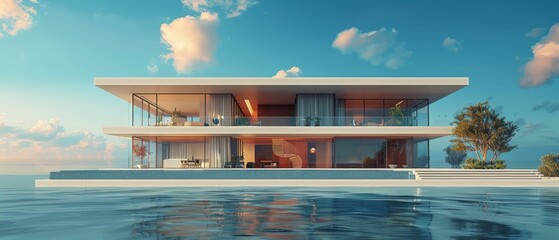 Sticker - An Australian-style modern residence on a blue sky background. A 3D rendering of the residence.