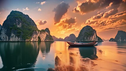 Poster - Beautiful sunset over Halong bay, Vietnam. Panoramic view, seascape sunset at Halong Bay, AI Generated