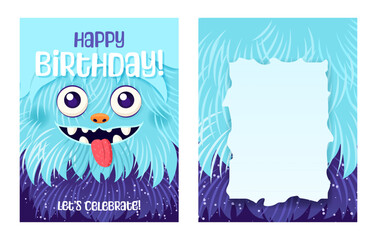 Wall Mural - Monster party invitation set. Happy Birthday greeting cards. Festive postcards featuring a fluffy cartoon monster. Vector design with a cute creature for your celebration event. Layered template.