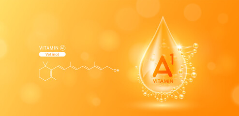 Drop water serum solution vitamin A1 or Vetinol surrounded by DNA and chemical structure. Vitamins complex with molecule atom from nature orange. Nutrition skin care cosmetics banner. Vector.