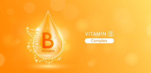 Wall Mural - Drop water serum solution vitamin B surrounded by DNA and chemical structure. Vitamins complex with molecule atom from nature orange. Nutrition skin care cosmetics banner. Vector.