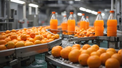 Wall Mural - Conveyor in the production of juice, sweet water, orange bottles in the factory, natural product