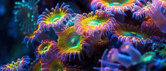 Wall Mural - Vibrant Fluorescent Flowering Coral. Extreme Close-Up of Underwater Nightlife.