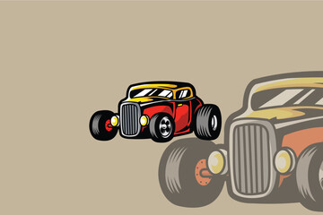 logo A cartoon car is displayed in vintage style and is sitting on the road. The car is red and yellow and has a classic appearance