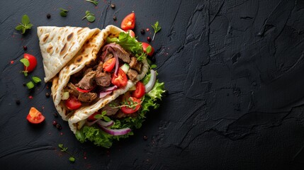 Wall Mural - Delicious Greek gyros wrapped in pita bread. Shawarma, grilled pita on dark background. With fresh meat and vegetables. Copy space.