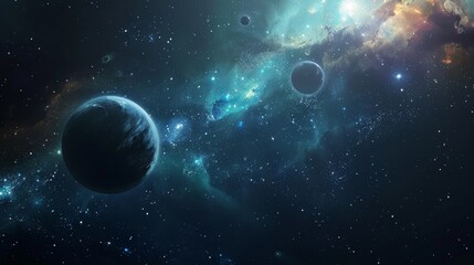 Wall Mural - celestial geometric abstract background with planets and cosmic elements in deep space.