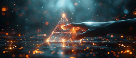 Poster - A futuristic financial technology concept with a hexagonal pyramid and a digital hand. A virtual assistant, a bank service plane, an artificial agent, digital banking technology, artificial