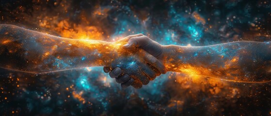 Aufkleber -  image of a Business handshake in the form of a starry sky, with points, lines, and shapes in the form of planets, stars, and the universe. RGB color mode.