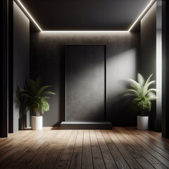 Wall Mural - An empty room with black walls, featuring a table and chairs, dramatically lit by a strong spotlight, suitable for product display or logo mockup.