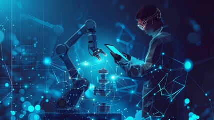 Aufkleber - A polygonal engineer controls a robotic arm and tool with a tablet. Smart technology manufacturing process in dark blue.  illustration showing industrial technology, automation processes.