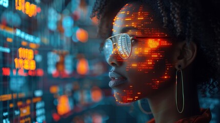 Poster - In other words, it does not matter what the data is. You can see it in a hologram hud, or a woman reviewing the fund chart, a stock market database, or a futuristic night overlay.