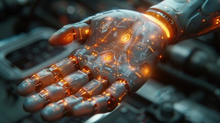 Poster - CG rendering of a Cyborg hand holding a futuristic medical interface hud