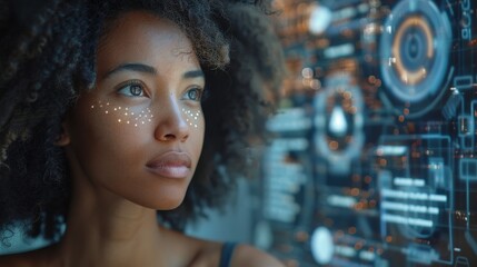 Leinwandbilder - Graphic user interface with black woman working in office. ICT (Information Communication Technology). System engineering.