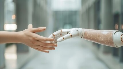 Aufkleber - Human and robotic hands touching on medical data network connection, AI robot for diagnosing and treating patients in the future. Technology to improve patient health.