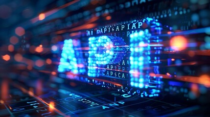Digital blue matrix binary code forms the acronym API , symbolizing the concept Automated Process Integration.
