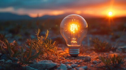 Aufkleber - Light bulb against desert mountain background. Concept of energy and ecological sustainability