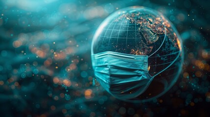 Poster - The concept of global protection and preventing the spread of Covid-19 Coronavirus on the planet Earth. A polygonal shape on a blue background.