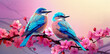 two birds sitting on a branch with pink flowers in the background and a pink sky in the background with a pink and blue background