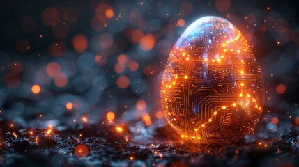 Leinwandbilder - This greeting card features an abstract 3D egg textured with circuit boards. Glowing digital modern illustration.