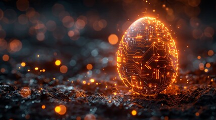 Poster - Glowing digital modern illustration of an abstract 3D egg with circuit board texture. Greeting card in tech futuristic style.