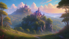 Magical Castle On A Great Hill. Fantasy. Generative AI.

