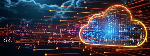 Digital informational technology web futuristic hologram with cloud icon, blue golden light digits and code background, cloud computing. Abstract Motion of digital data flow. 