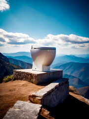 Wall Mural - White toilet sitting on top of stone wall next to mountain.