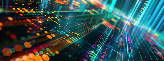 A colorful image of a computer screen with many lines and dots