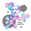 Cyberpunk and Vaporwave style concept of wavy distorted ancient sculpture with neon liquid blobs and retro pc pixel elements. Trendy fashion print for t-shirt. Vector illustration.