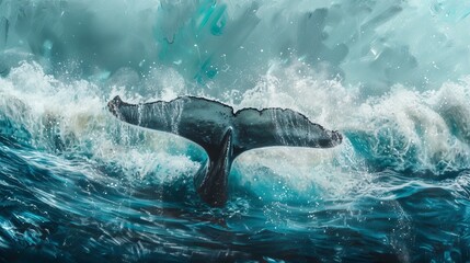 Wall Mural - Seascape with whale tail dripping with water on the surface of the sea or ocean, banner with copy space