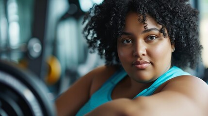 Wall Mural - An overweight young afro american woman in the gym preparing to play sports, the concept of an active life in old age, taking care of the body and building a relationship with weight