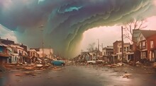 dark storm disaster damages the surrounding city in slow motion