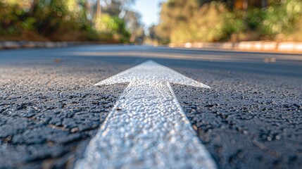 Asphalt with white arrow on the ground and vegetation on the sides of the road