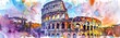 A watercolor painting depicting the iconic Colosseum in Rome, showcasing the grandeur and historical significance of the architectural masterpiece. The painting captures the detailed arches, tiers, an